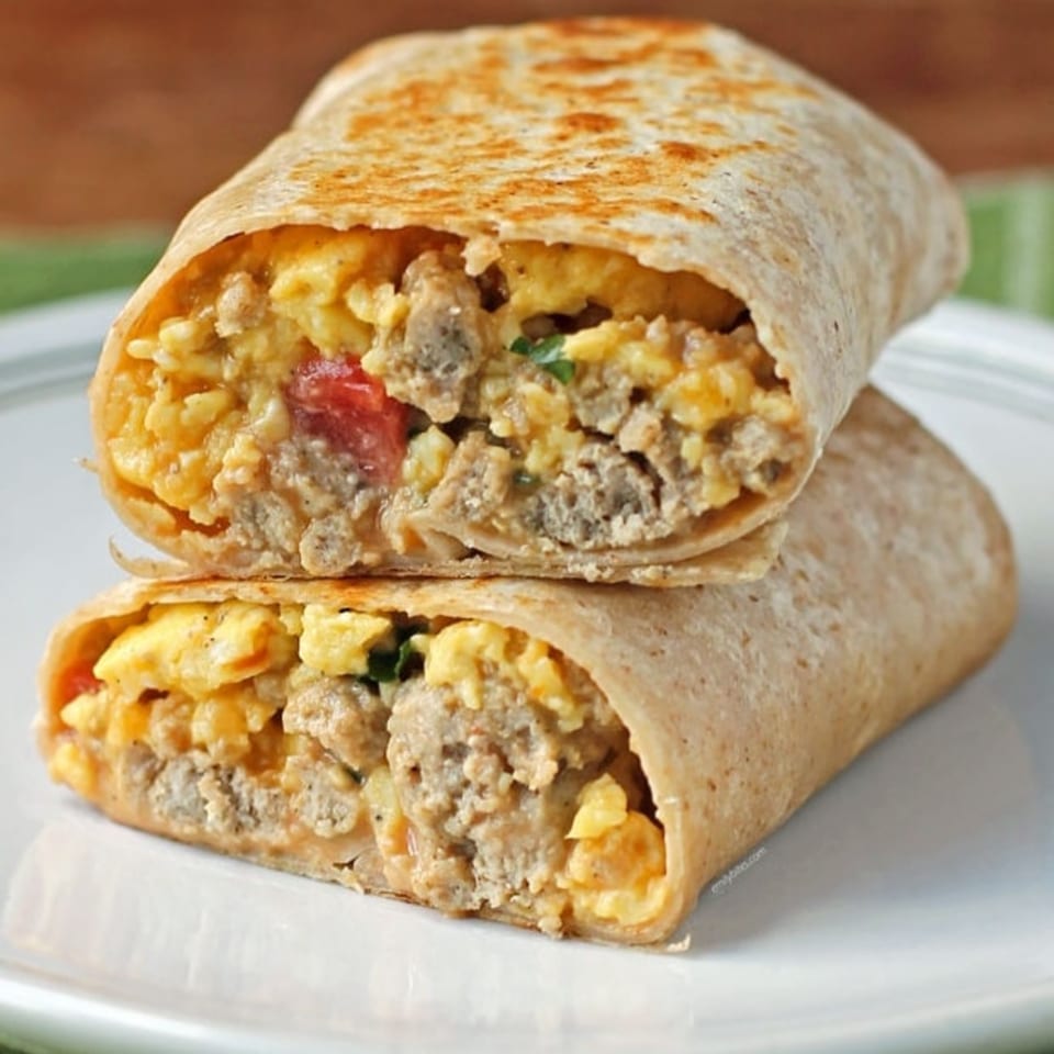 Two halves of a breakfast burrito filled with scrambled eggs, sausage, and diced tomatoes.